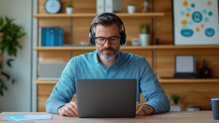 Focused man working remotely with headphones on, typing on a laptop, highlighting concentration and productivity in a tidy home environment