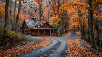 A Thanksgiving drive along a winding forest road, with orange leaves swirling in the wind and a charming cabin in the distance, ready for a joyful holiday feast 