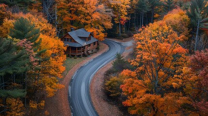 Obraz premium A Thanksgiving drive along a winding forest road, with orange leaves swirling in the wind and a charming cabin in the distance, ready for a joyful holiday feast 