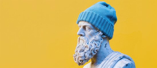 White marble bust wearing blue beanie on yellow background