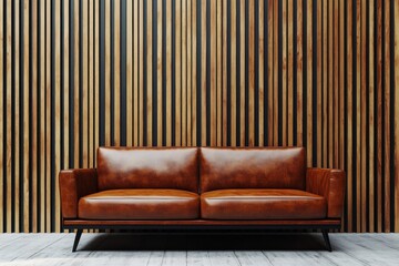Stylish Living Room Design with Leather Sofa and Wood Accent