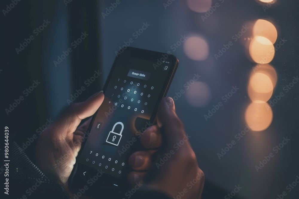 Aufkleber hand holding a smartphone with a lock icon on the screen, symbolizing mobile security, data protecti