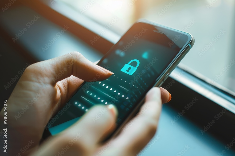 Poster hand holding a smartphone with a lock icon on the screen, symbolizing mobile security, data protecti