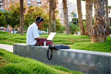 Fototapeta premium Young Black entrepreneur working on a laptop outdoors in a vibrant urban park during the afternoon