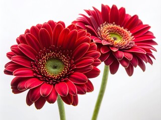 Two red flowers in a close-up shot against a plain white background. Perfect for adding a pop of color to any design project