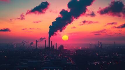 Fototapeta premium 9. Factory releasing thick black smoke into the air with a vibrant sunset in the background, symbolizing industrial pollution