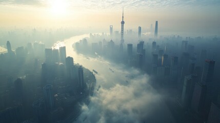 Fototapeta premium 11. Bird s eye view of a city surrounded by smog and haze, visualizing urban pollution and air quality issues