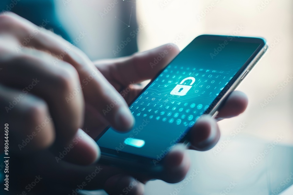 Aufkleber hand holding a smartphone with a lock icon on the screen, symbolizing mobile security, data protecti