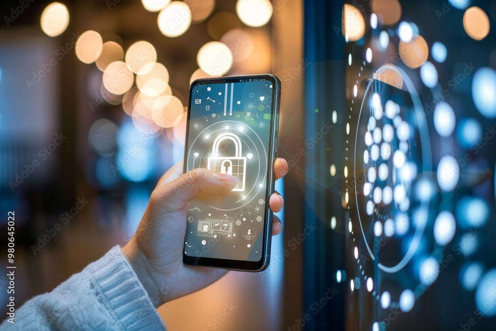 Aufkleber hand holding a smartphone with a lock icon on the screen, symbolizing mobile security, data protecti