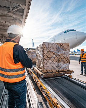 Airport workers unloading cargo from airplane
