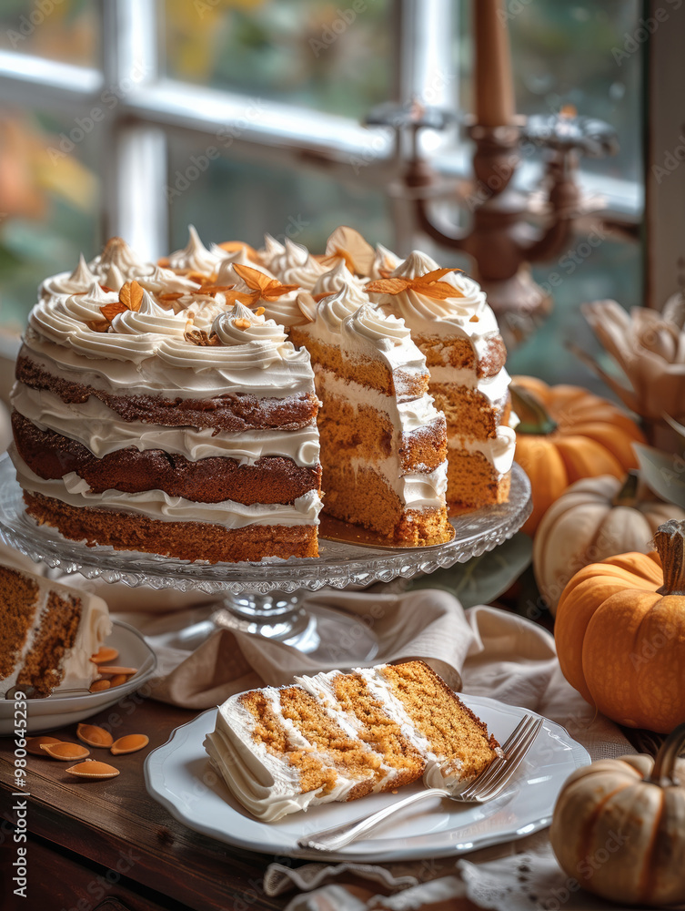 Poster an old-fashioned pumpkin layered cake with layers and frosting, in a glass dish on a table with pump