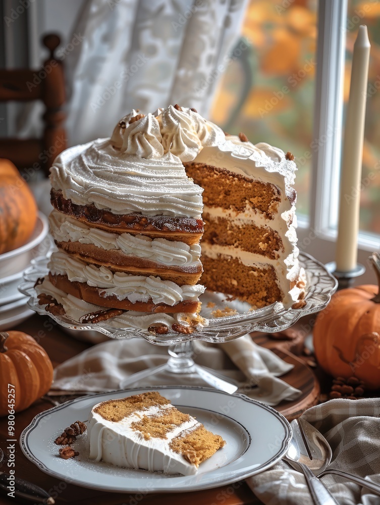 Poster an old-fashioned pumpkin layered cake with layers and frosting, in a glass dish on a table with pump