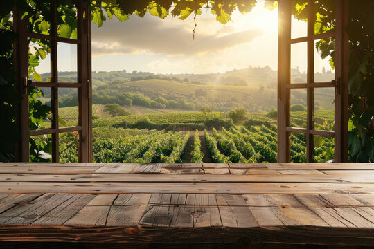 Fototapeta Empty table overlooking idyllic sunset vineyard view