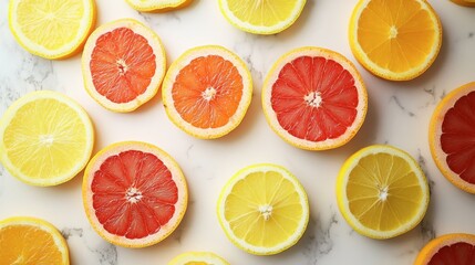 Obraz premium Sliced citrus fruits like oranges, lemons, and grapefruits laid out in a circular pattern on a marble countertop.