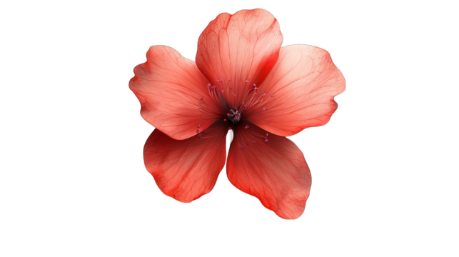 A close-up view of a single red flower with delicate petals, isolated against a white background