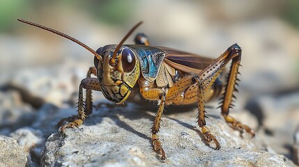 A close-up of a grasshopper on a rock, its brown, blue, and yellow body  is visible in detail.