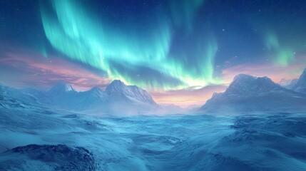 Fototapeta premium The Aurora Borealis dancing across the sky above a frosty wilderness, with distant mountains and snow-covered terrain in the foreground.