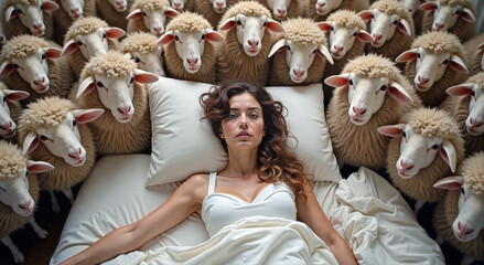 Obraz premium A woman in bed surrounded by sheep, symbolizing sleepless nights and mental exhaustion.