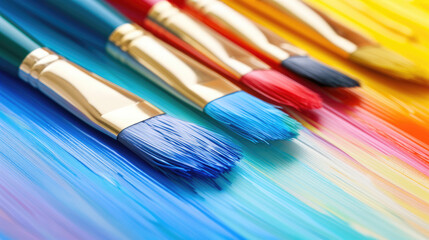 Fototapeta premium Row of paintbrushes lying on a colorful painted surface