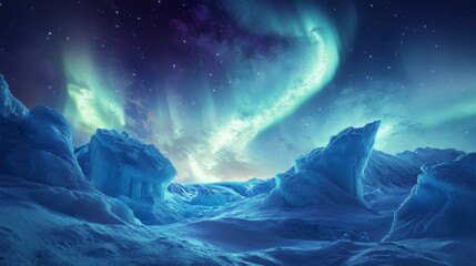 Fototapeta premium The Northern Lights arching over a glacier, with ice formations and a starry sky creating a breathtaking, wintry scene.