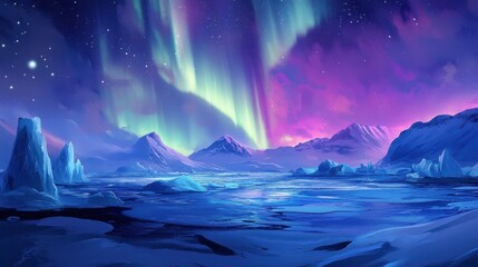 Fototapeta premium The Northern Lights casting a magical glow over a frozen bay, with ice floes and a serene, snowy shoreline.