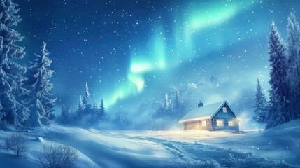 The Northern Lights creating a magical atmosphere over a snow-covered field with a quaint, isolated cabin and frozen trees.