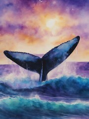 Fototapeta premium Whale tail emerging from watercolor waves with shades of blue and purple