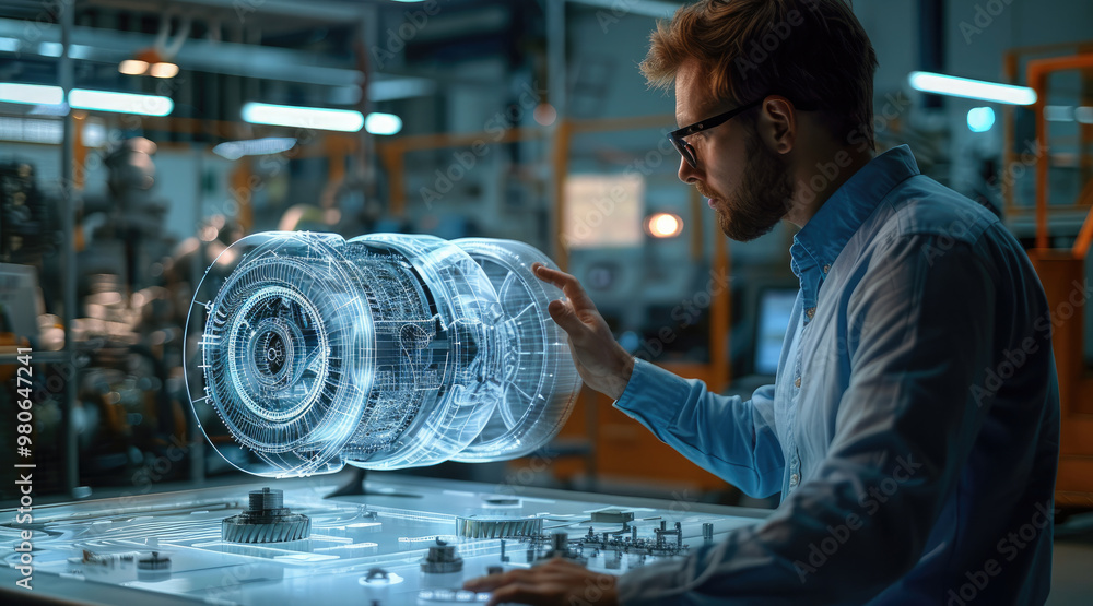 Poster An engineer is using augmented reality technology to display a holographic image of an airplane engine on the table in front of him, showcasing its complex structure and details. Generative AI.
