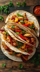 Texmex chicken fajitas with vegetables on white wooden table
