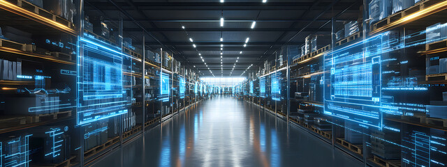 High-Tech Warehouse Hallway with Automated Shelves