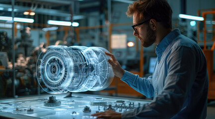 An engineer is using augmented reality technology to display a holographic image of an airplane engine on the table in front of him, showcasing its complex structure and details. Generative AI.