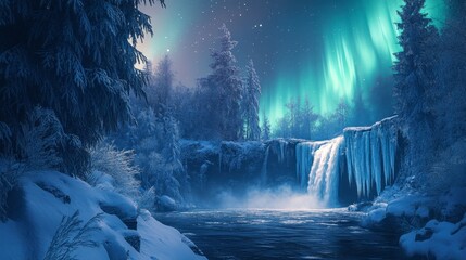The Northern Lights illuminating a frozen waterfall, with the icy landscape and snow-covered trees adding to the ethereal scene.