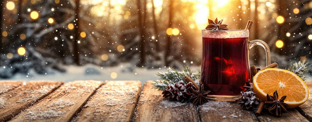 Steaming mug of mulled wine on a snowy forest table at sunset