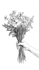 A black ink sketch of a hand delicately holding a bouquet of flowers, drawn in simple lines, isolated on white background