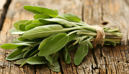 Bunch of fresh sage leaves on wooden table, closeup