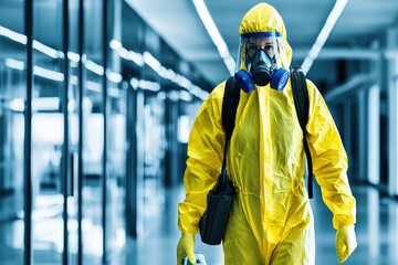 Fototapeta premium A person in a yellow hazmat suit wears a protective mask, prepared for safety in a sterile environment.