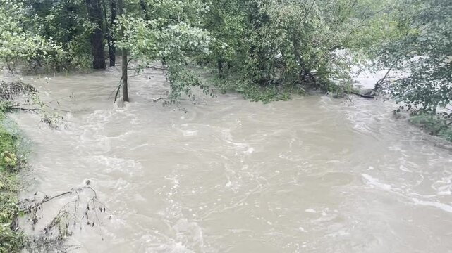 Massive flooding caused by storm Boris. view of the flooded river and flooded meadows in Czech republic, Devastating impact of deadly floods in Europe