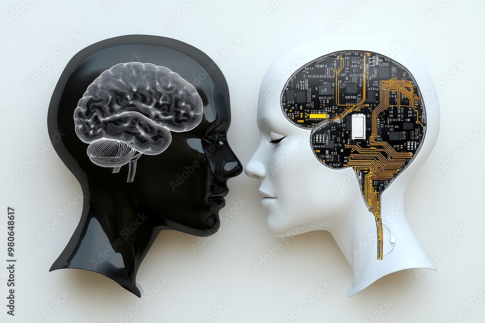 Poster black and white profiles of man and woman with visible brains and circuits symbolizing fusion of hum