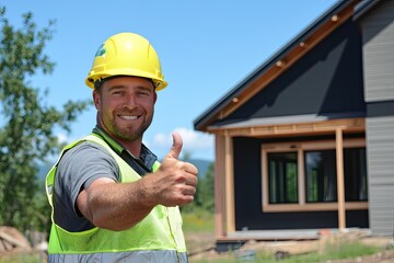 A cheerful construction worker in a hard hat offers a thumbs up in front of a newly built house, showcasing positivity and safety.