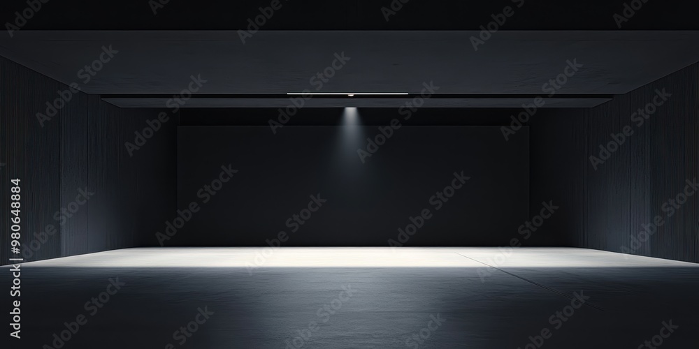 Poster a minimalist dark room with a single light illuminating a section of the floor.