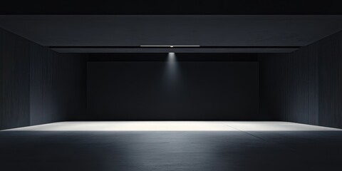A minimalist dark room with a single light illuminating a section of the floor.