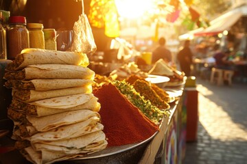 Naklejka premium Variety of traditional street foods bathed in warm sunset light