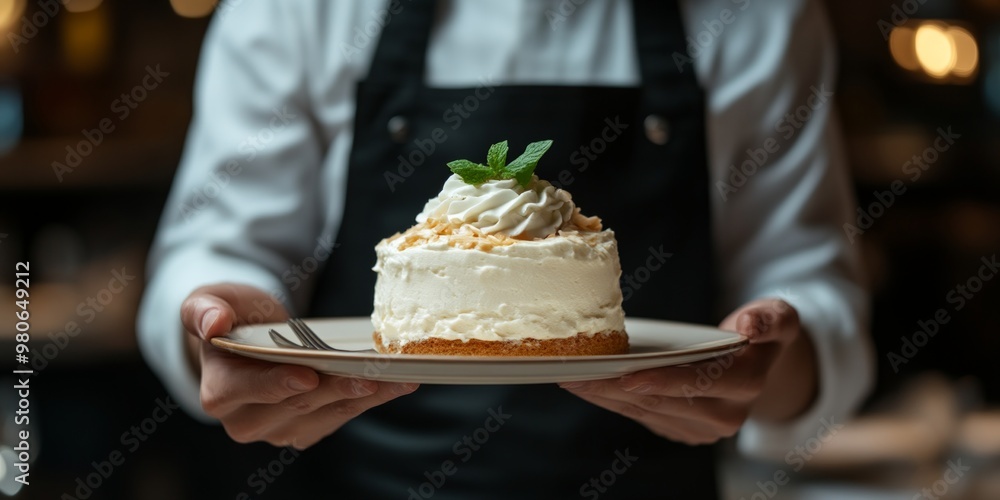 Sticker A beautifully crafted dessert is presented on a plate. The cake is topped with delightful whipped cream and a mint leaf. It looks fresh and inviting. Perfect for bakeries and dessert lovers. AI