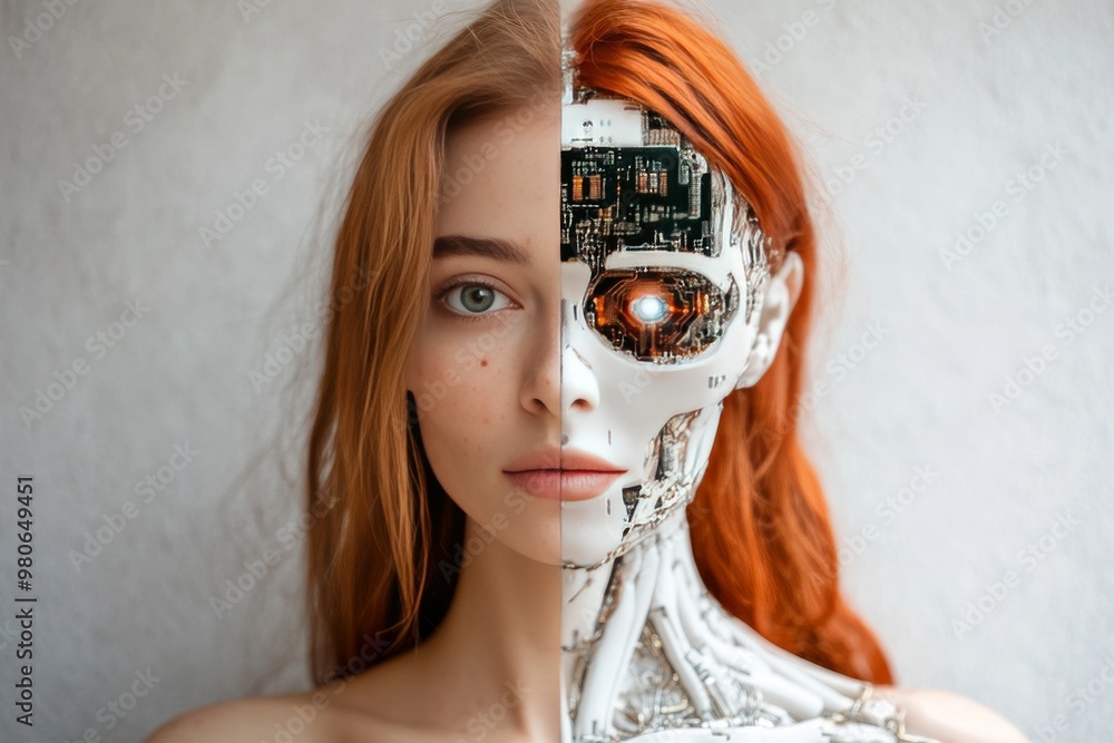 Canvas Prints Portrait of a woman with half human half robotic face and visible circuits symbolizing the convergence of human identity and artificial intelligence in the future of cognitive augmentation