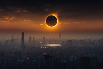 A partial solar eclipse casting a dramatic orange glow over a sprawling cityscape at dawn, with silhouettes of skyscrapers and a misty atmosphere