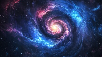 A breathtaking spiral galaxy with vibrant blue and pink hues, showing intricate arm structures and a glowing core