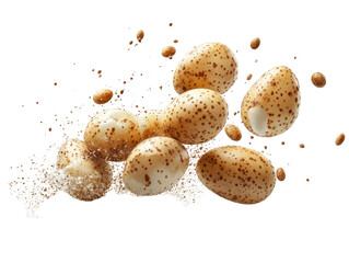 Fresh and authentic potatoes splashing in water, showcasing their earthy textures and vibrant colors. Ideal for food themes.