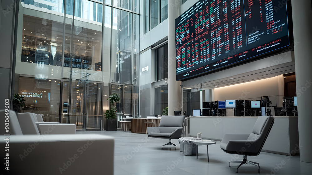 Poster modern office lobby with stock ticker display and comfortable seating