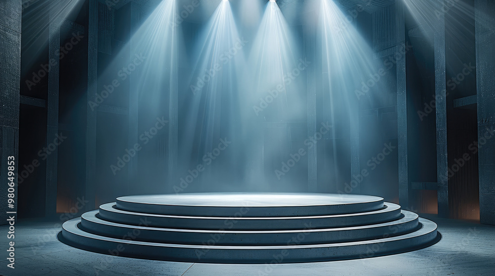 Aufkleber a circular empty stage, centrally elevated, with six spotlights shining down on the stage, an open s