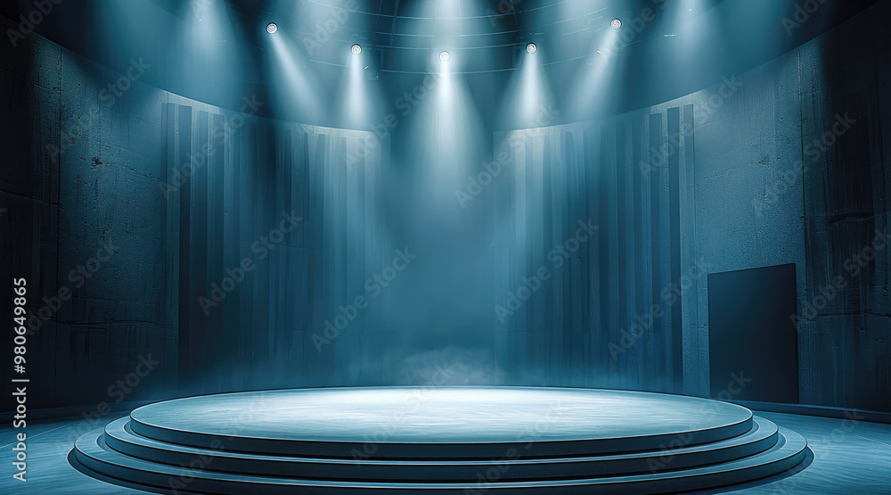 Poster A circular empty stage, centrally elevated, with six spotlights shining down on the stage, an open space, lighting. Generative AI.